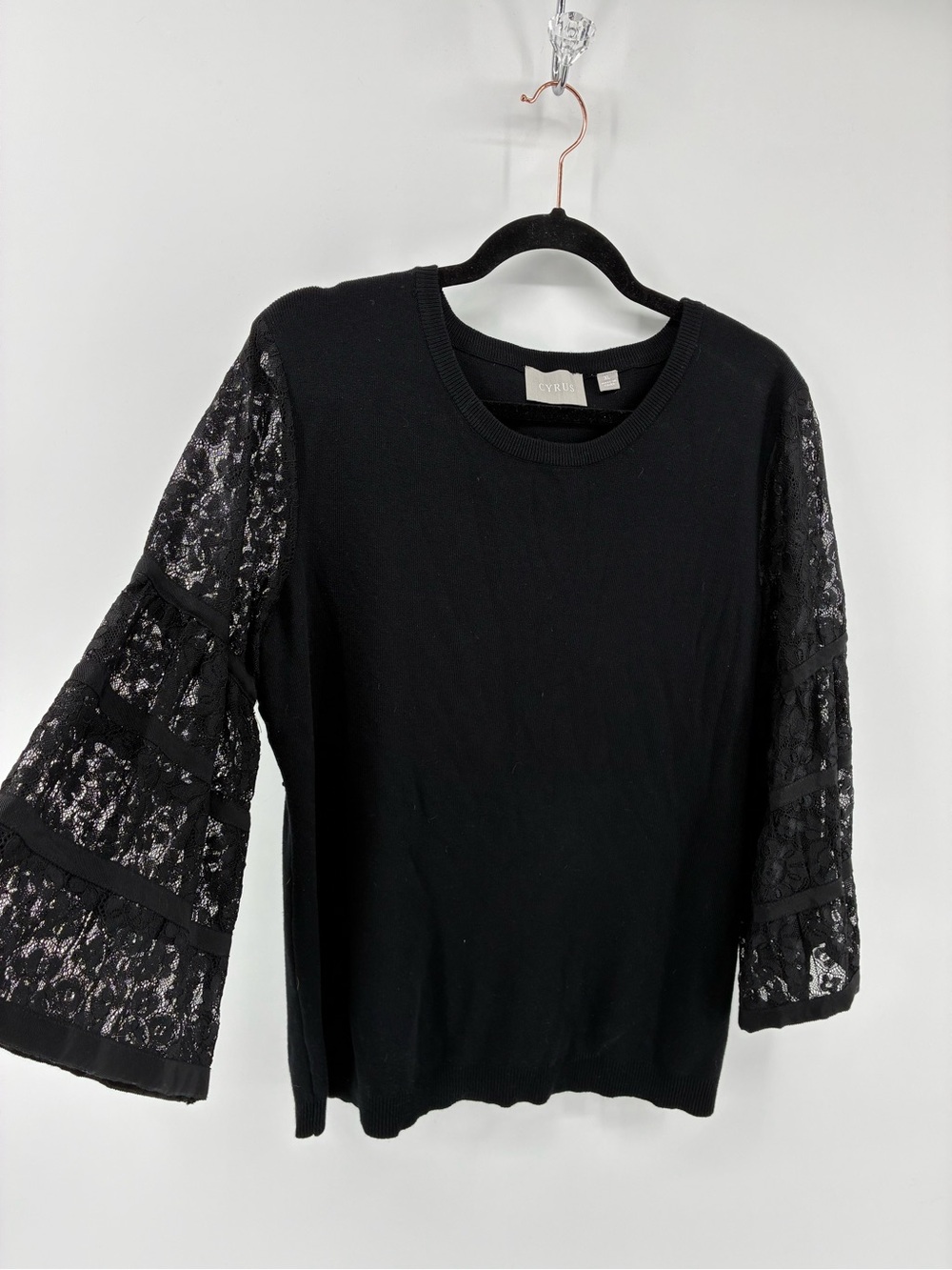 Cyrus Black Women's Top with Lace Bell Statement Sleeves